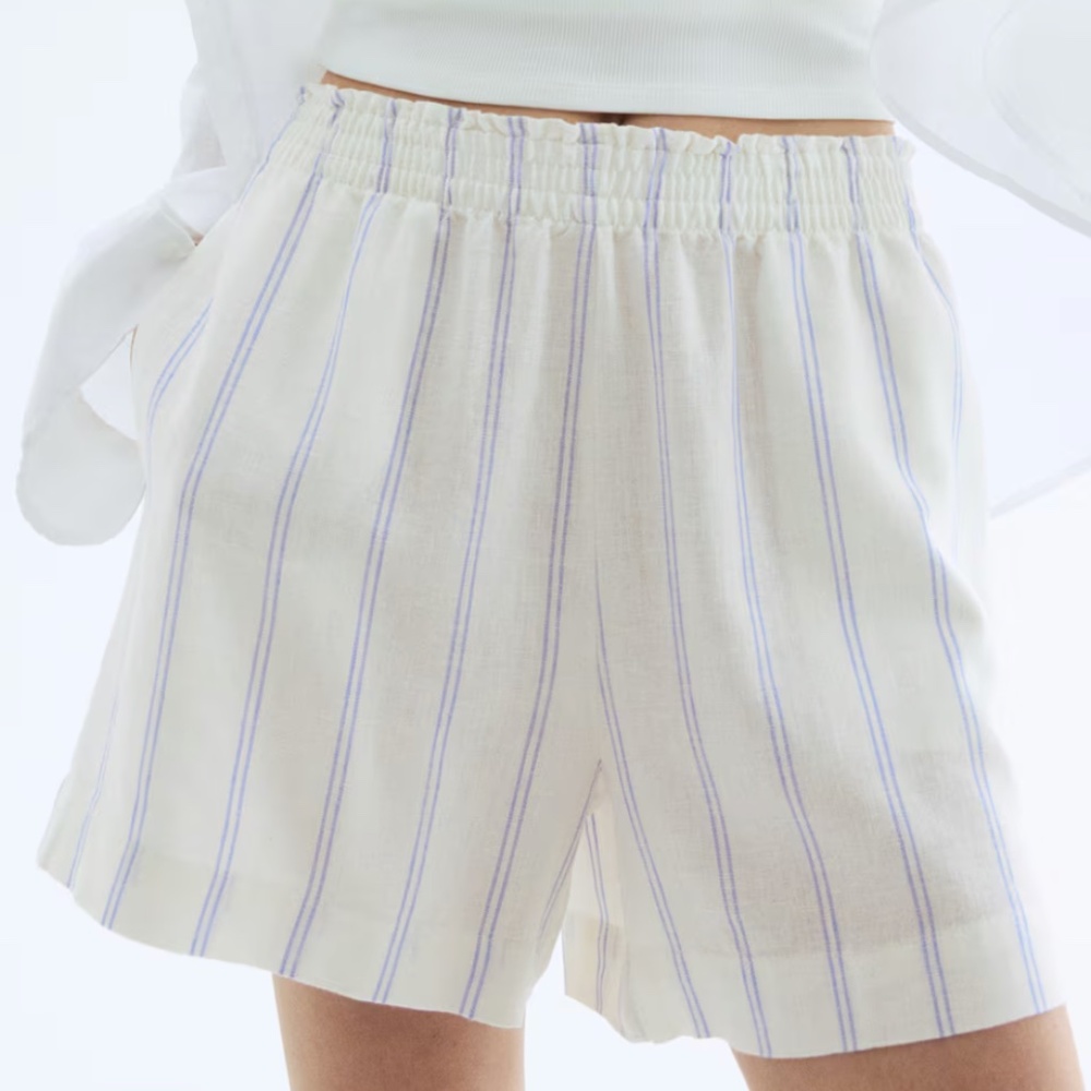 H&M Linen Blend Pull On Shorts, White Striped , Size Small